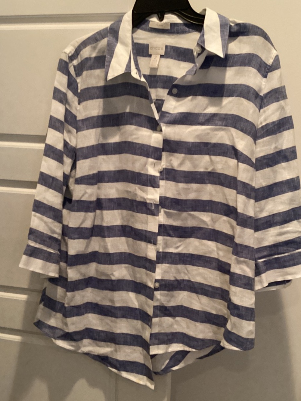 Chico's Blue and White Striped Button-Front Top